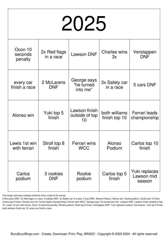 Download Free F1 2025 Bingo Cards