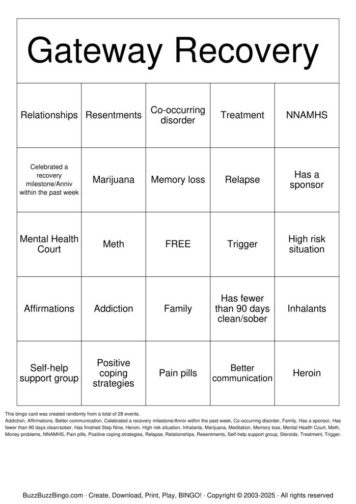 Download Free Gateway Recovery Bingo Cards