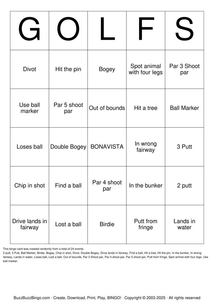 Download Free Golf Bingo Cards