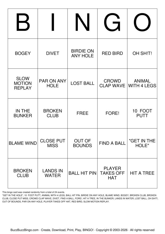 Download Free Golf Bingo Cards