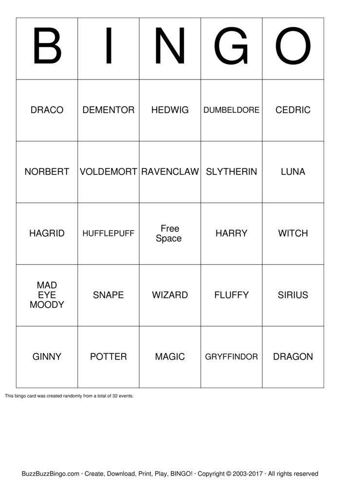 Download Free Harry Potter Bingo Bingo Cards