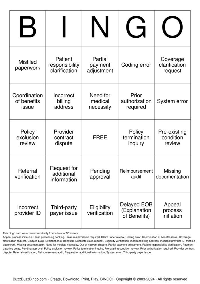 Download Free Health Insurance Delay Tactics Bingo Cards