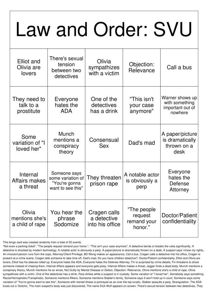 Download Free Law & Order: SVU Bingo Cards