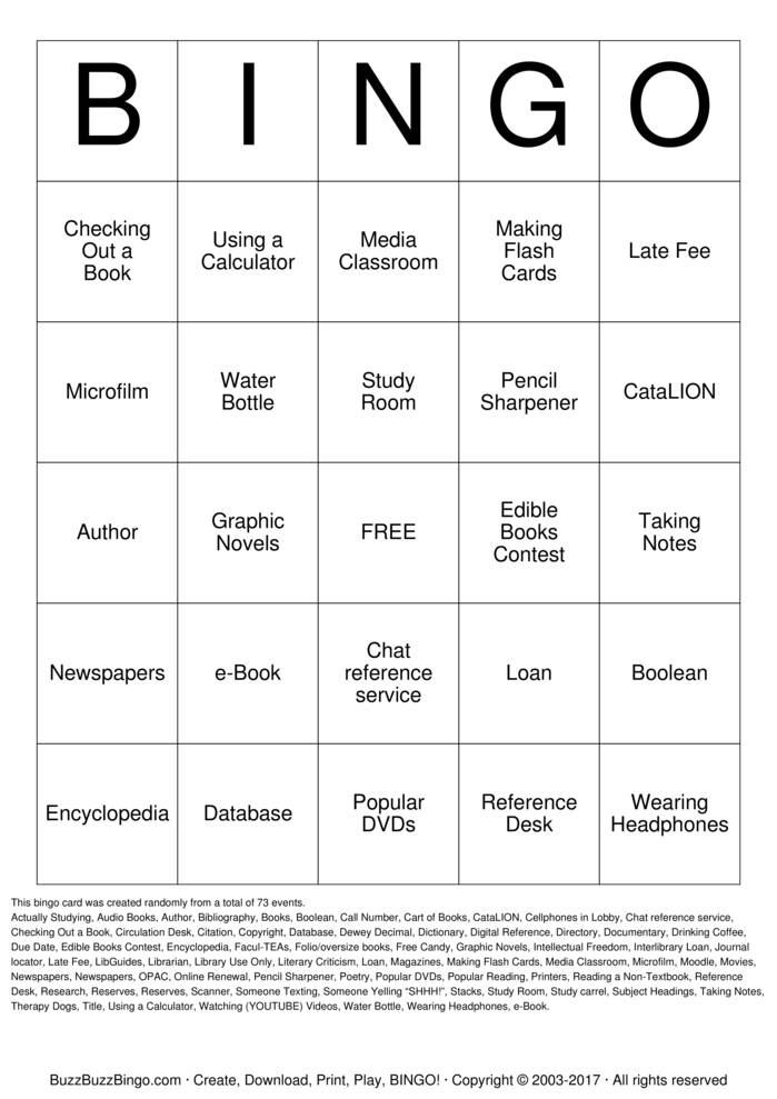 Download Free Library Bingo Cards