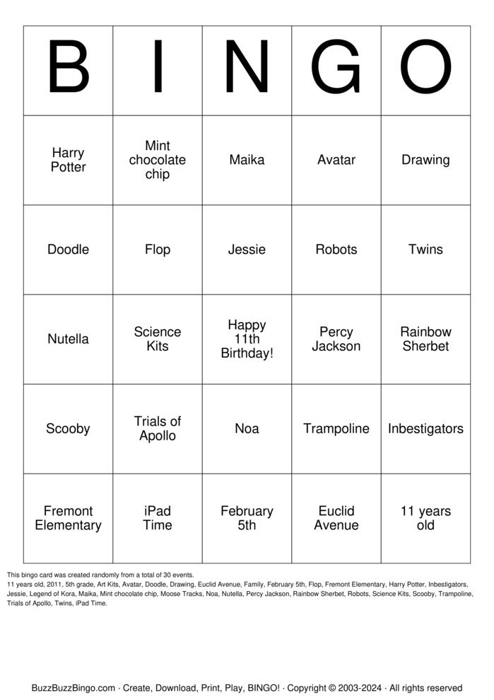 Download Free Noa and Maika?s 11th Birthday Bingo Bingo Cards