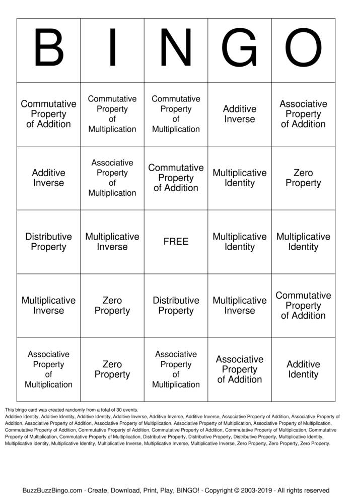 Download Free Number Properties Bingo Cards