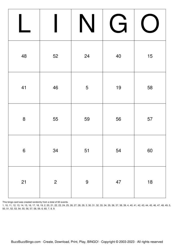 Numbers 1-60 Bingo Cards to Download, Print and Customize!