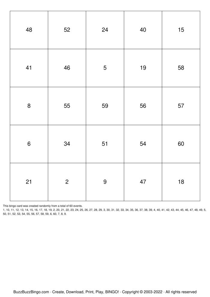Numbers 1-60 Bingo Cards to Download, Print and Customize!