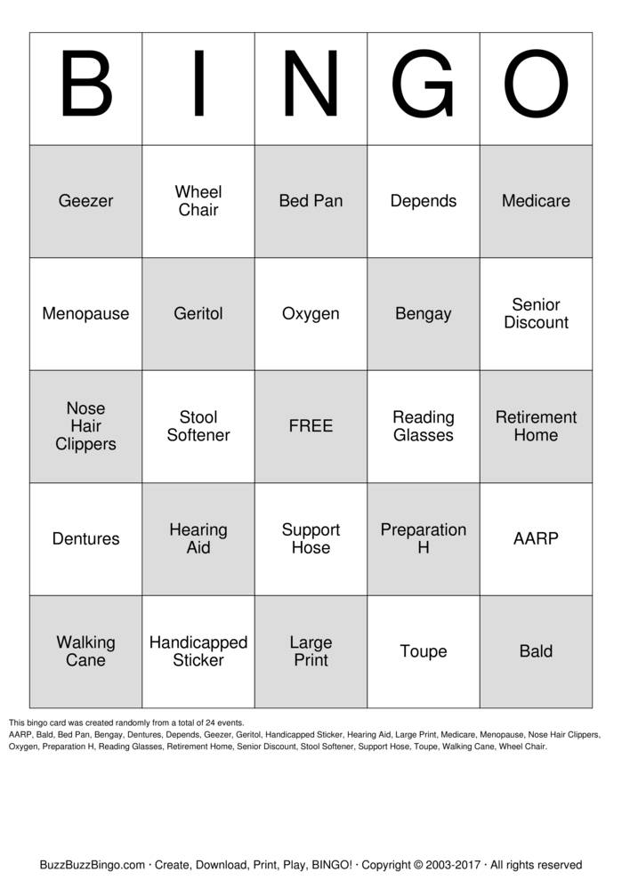 Download Free OVER THE HILL  Bingo Cards