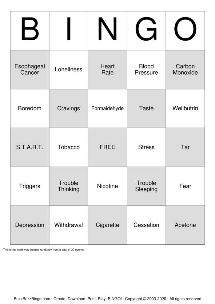 Smoking Cessation BINGO Bingo Cards to Download, Print and Customize!