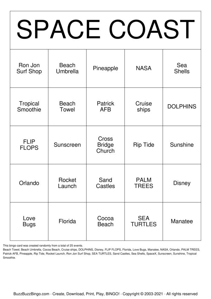 Download Free Space Coast Bingo Cards