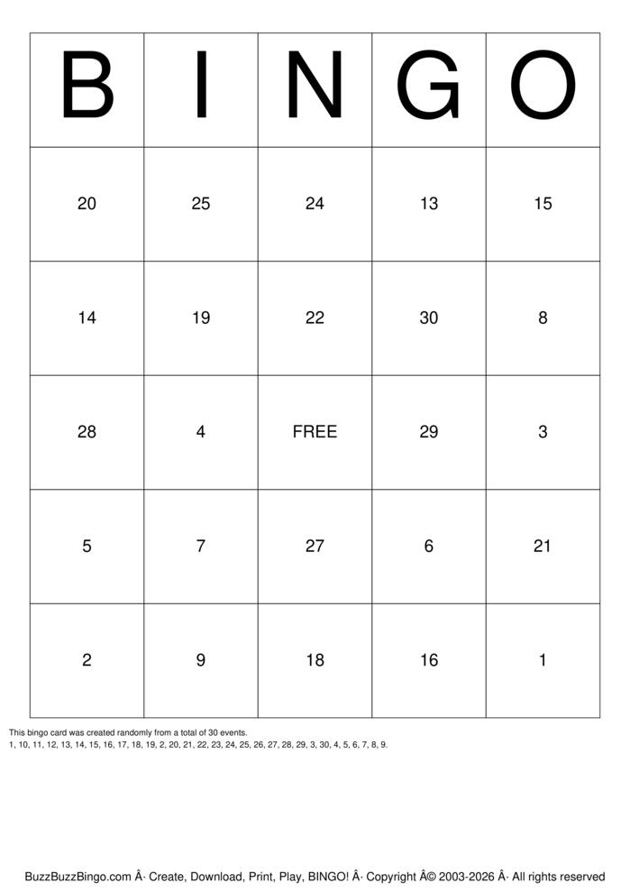 Download Free Spanish Numbers 1-30 Bingo Cards