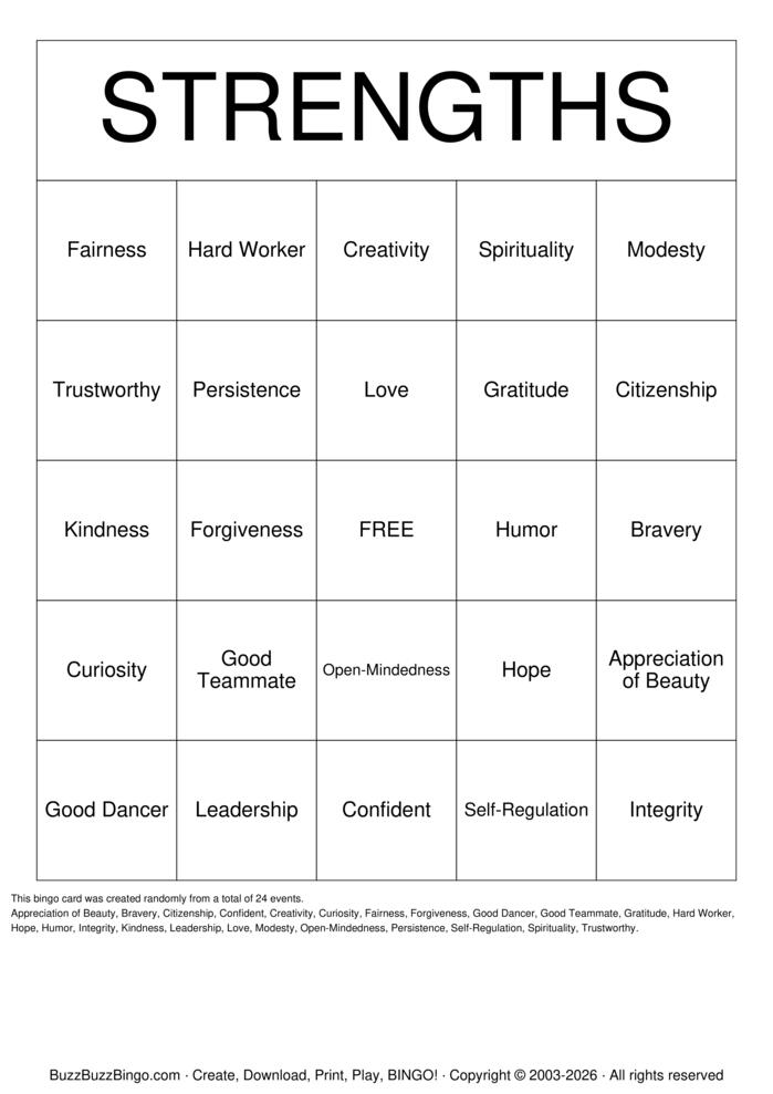 Strengths Bingo Cards to Download, Print and Customize!