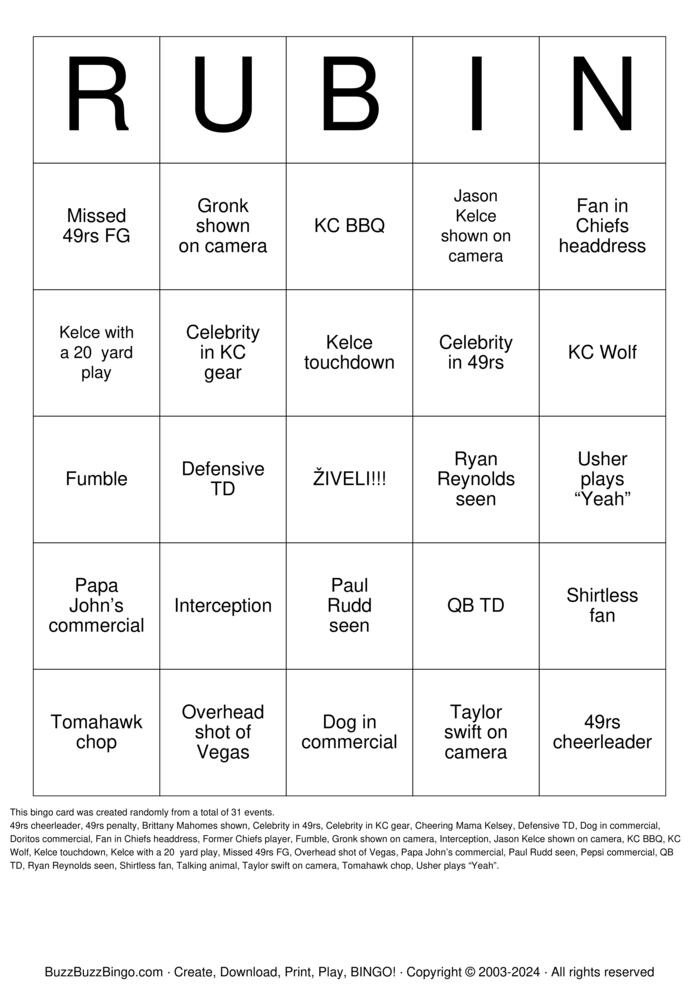 Superbowl LVIII Bingo Cards to Download, Print and Customize!