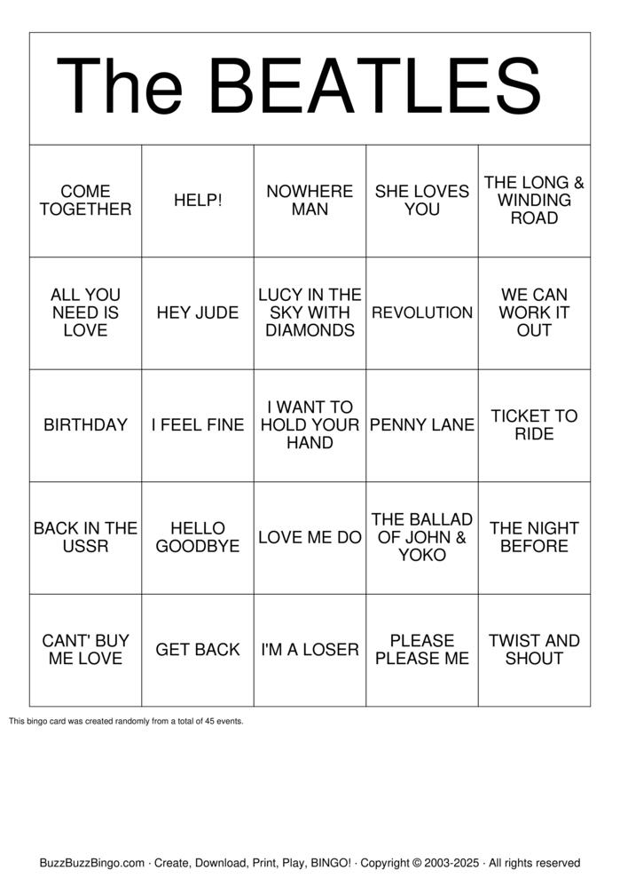 Download Free The Beatles Bingo Cards