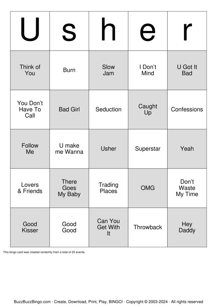 Download Free Usher Bingo Cards Download Free Usher Bingo Cards