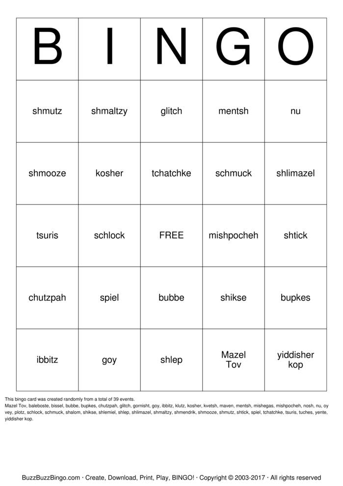 Download Free Yiddish Words Bingo Cards
