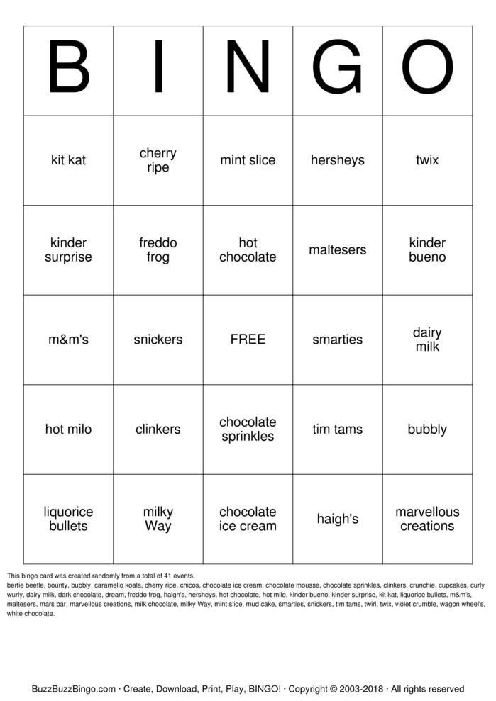 Download Free chocolate Bingo Cards