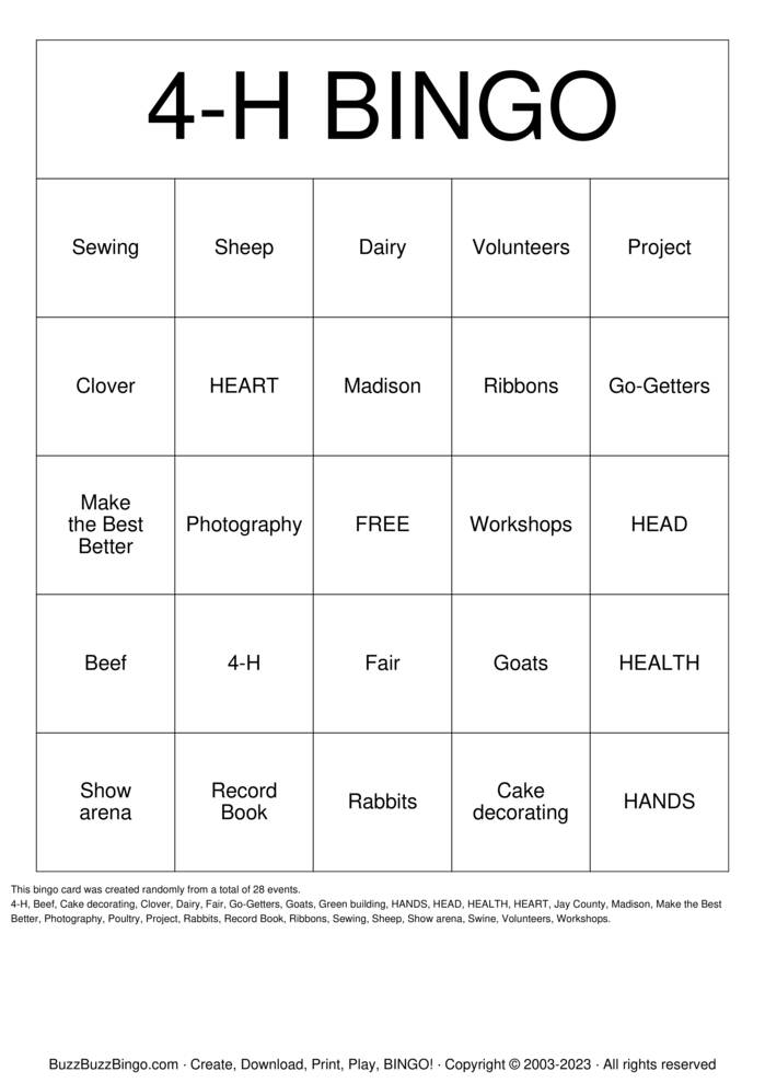 Download Free 4H Bingo Bingo Cards Download Free 4H Bingo Bingo Cards