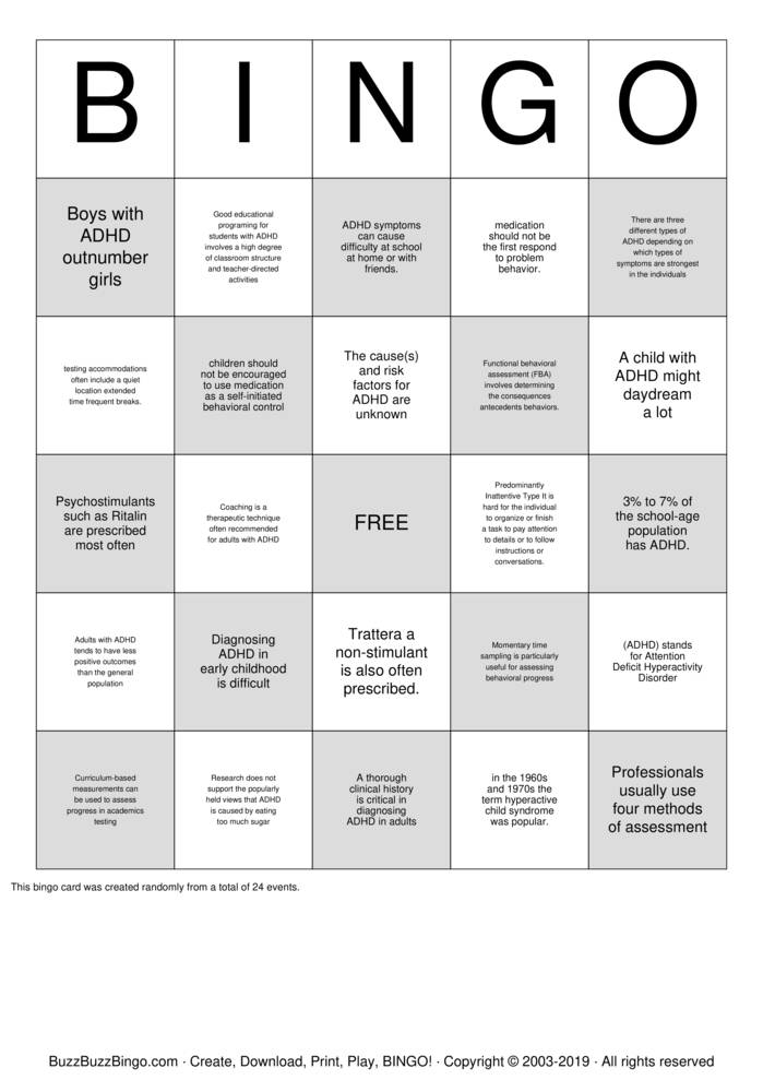 Download Free ADHD Bingo Cards