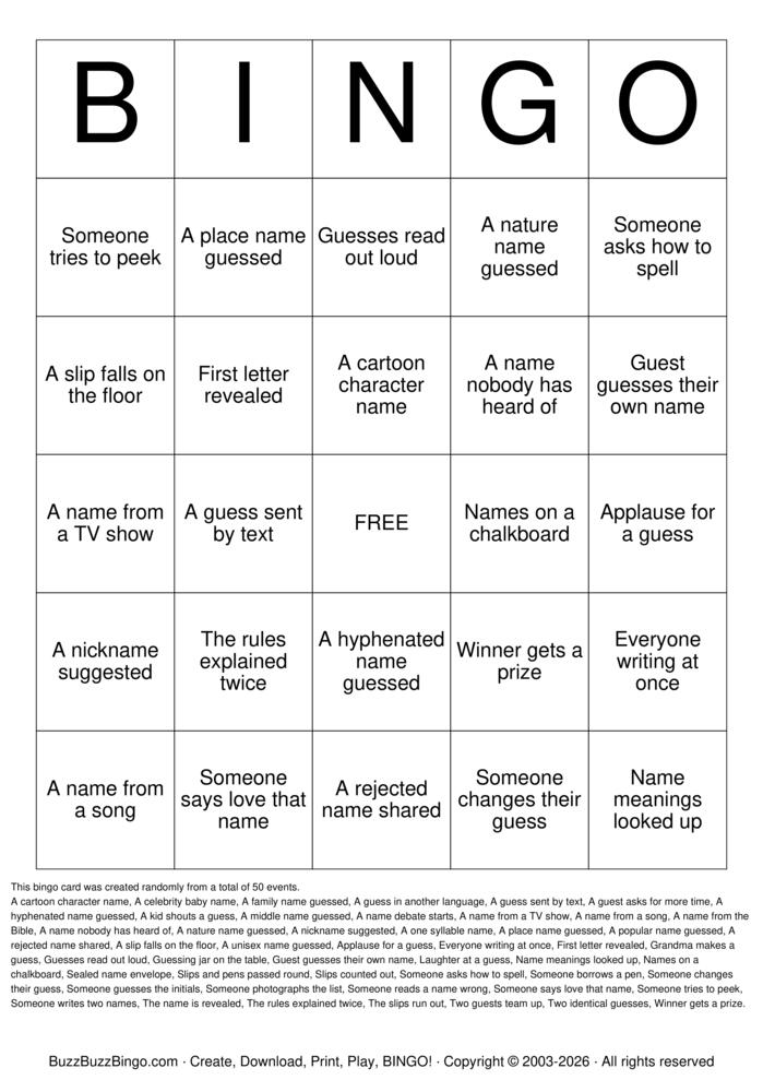 Download Free Baby Name Guessing Bingo Cards