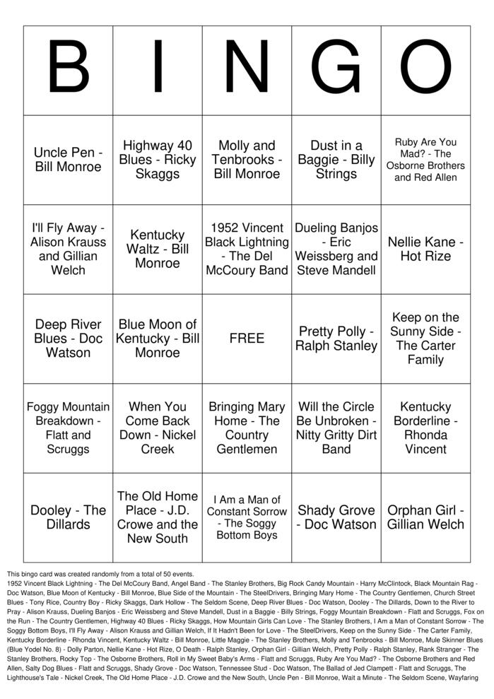 Download Free Bluegrass Standards Top 50 Bingo Cards