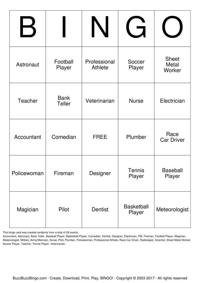 Career Day Bingo Bingo Cards to Download, Print and Customize!