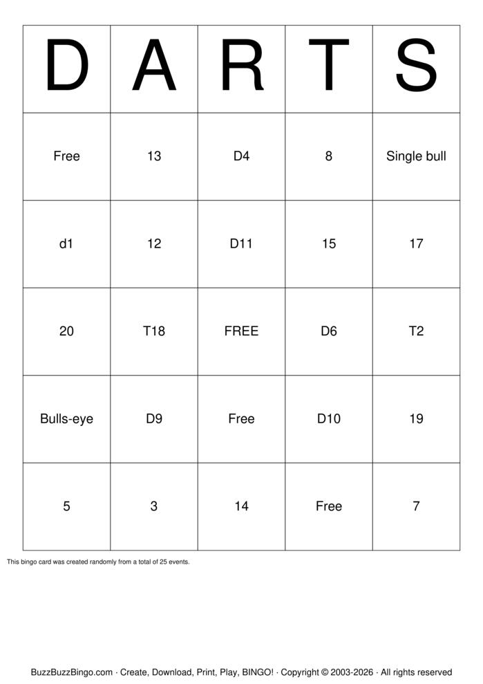 Download Free Darts Bingo Cards