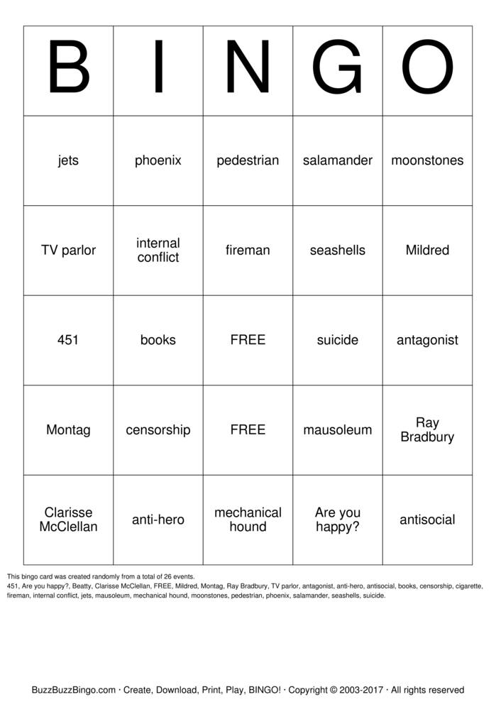 Download Free Fahrenheit 451 Bingo Cards Download Free Fahrenheit 451 Bingo Cards