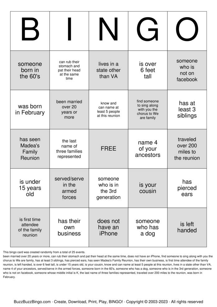 Family Reunion Bingo Bingo Cards to Download, Print and Customize!