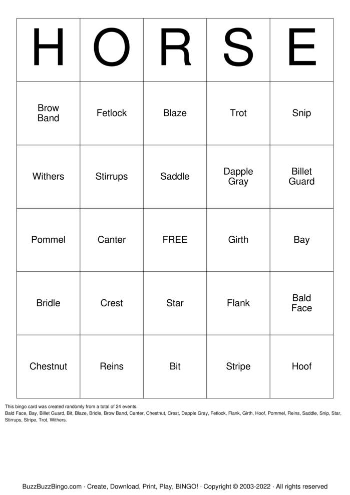 HORSE Bingo Cards to Download, Print and Customize!