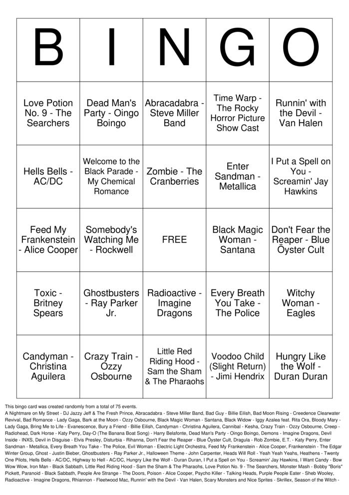 Download Free Halloween Songs Bingo Cards