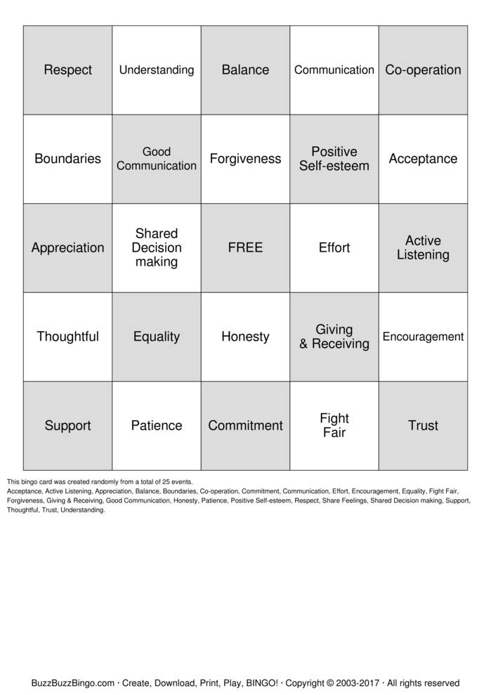 Healthy Relationships Bingo Cards to Download, Print and Customize!