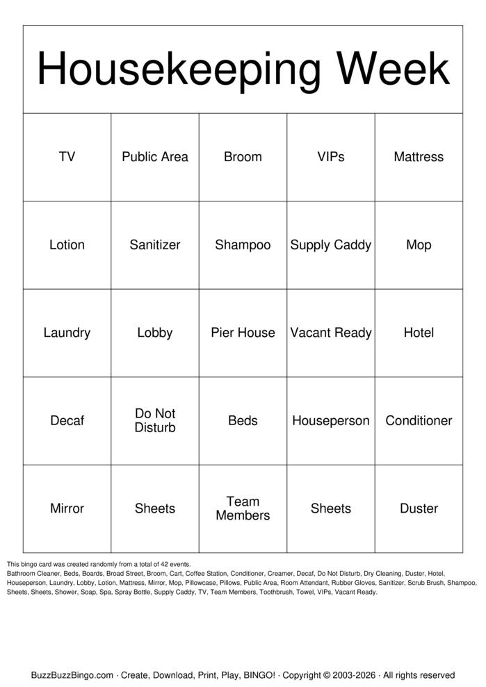 Download Free Housekeeping Week Bingo Cards Download Free Housekeeping Week Bingo Cards