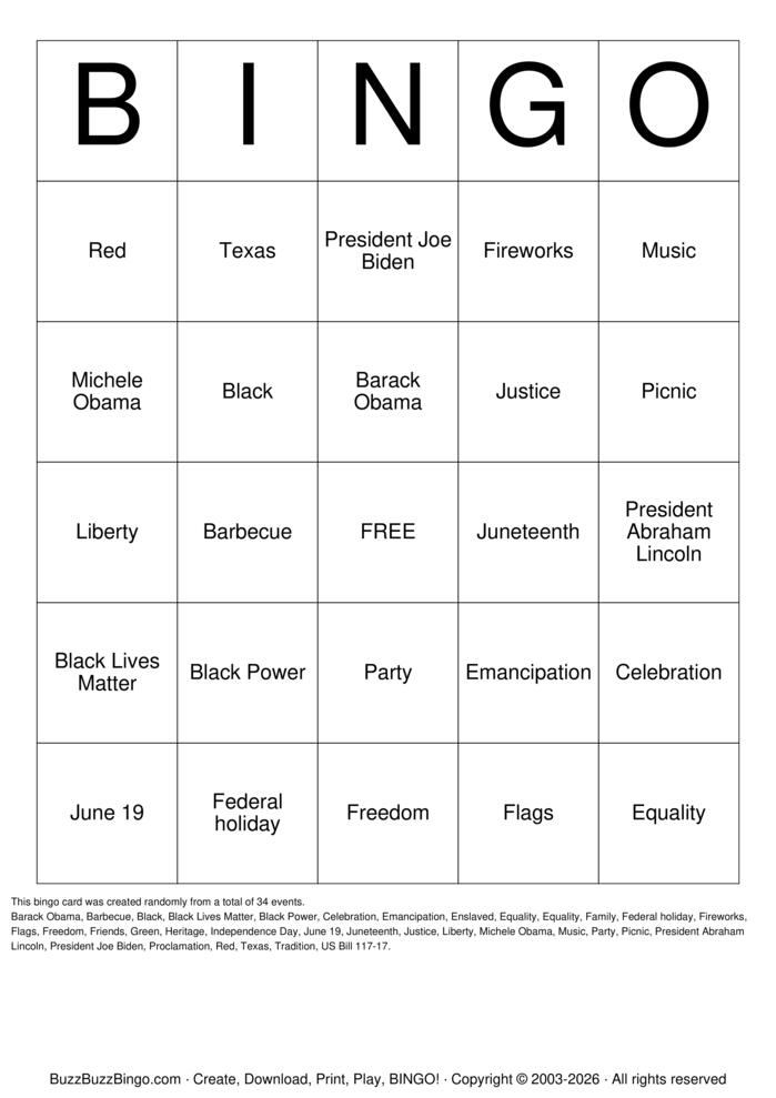 Download Free Juneteenth Bingo Cards