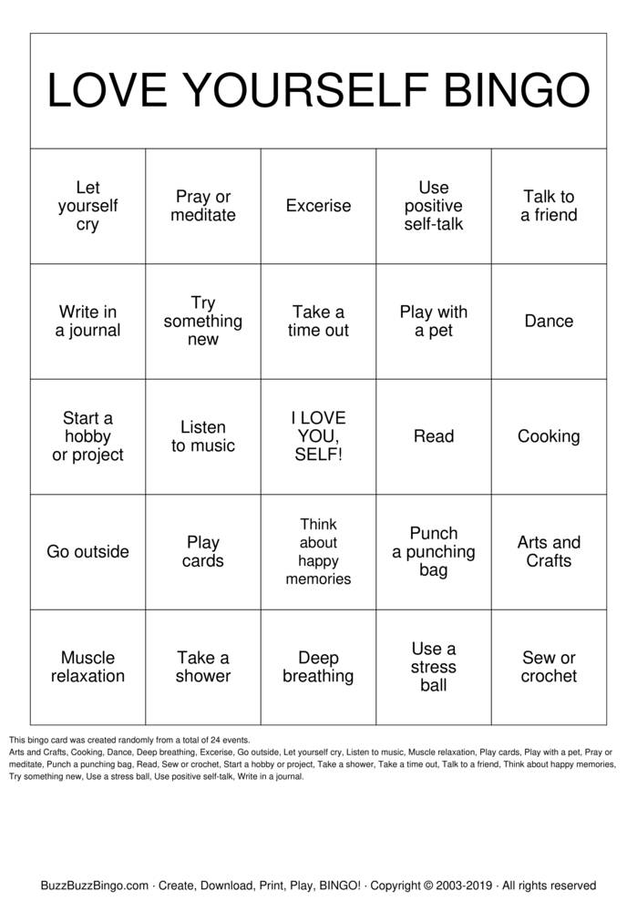 Download Free LOVE YOURSELF BINGO Bingo Cards