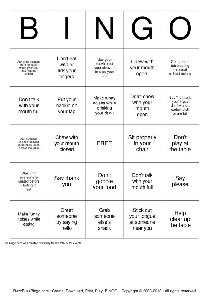 Manners Bingo Cards to Download, Print and Customize!
