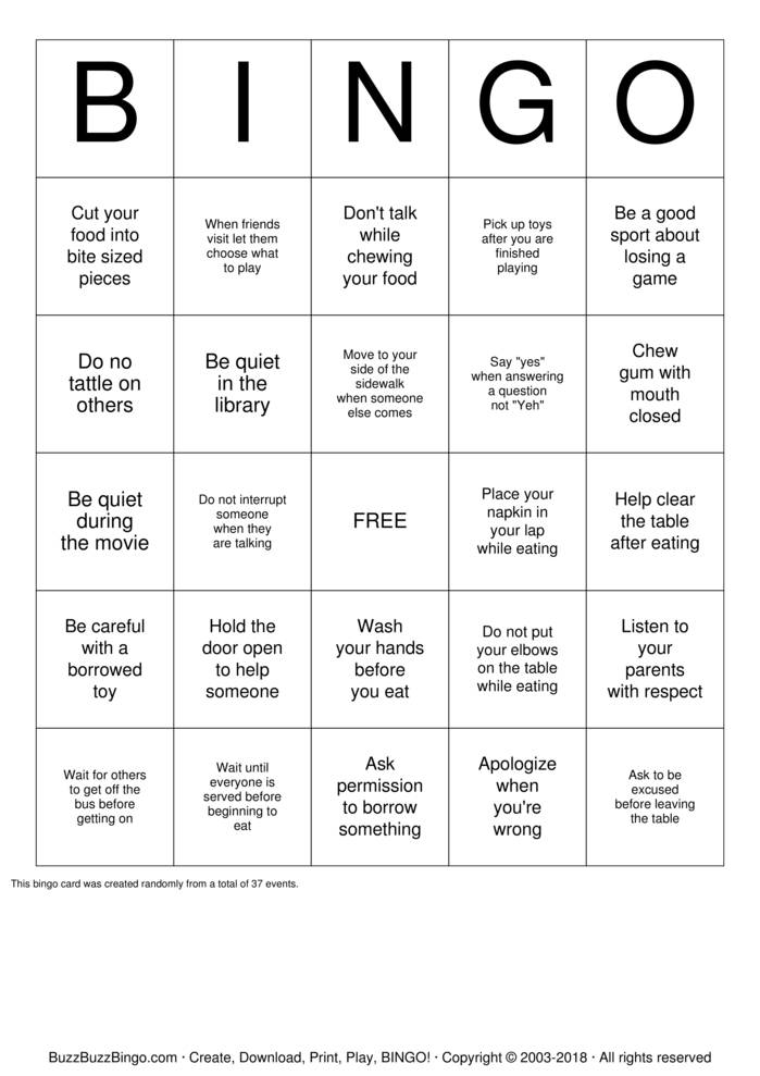 Download Free Manners Bingo Cards Download Free Manners Bingo Cards