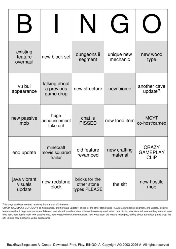 Download Free MineCraft Bingo Cards