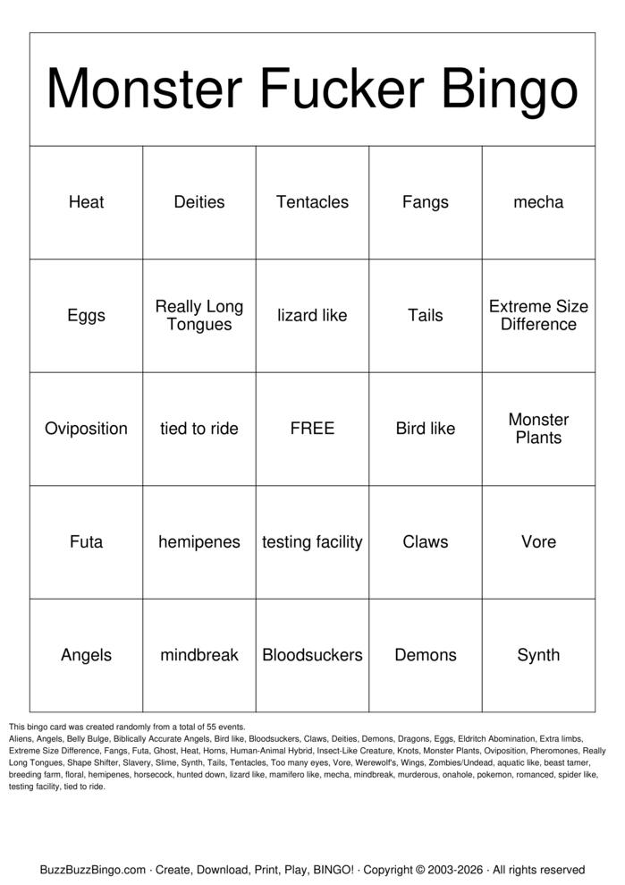 Download Free Monster Fucker  Bingo Cards