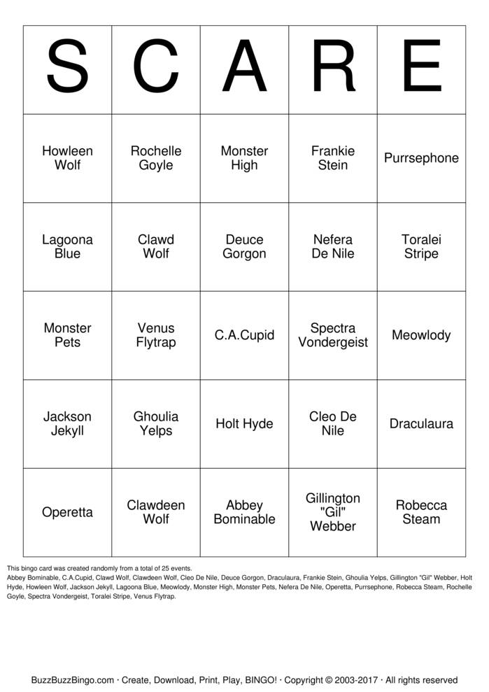 Monster High Bingo Cards to Download, Print and Customize!