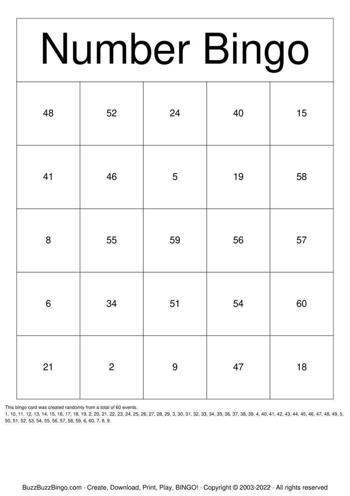 Numbers 1-60 Bingo Cards to Download, Print and Customize!