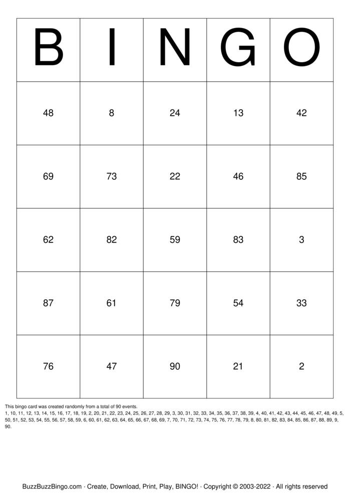 Numbers 1-90 Bingo Cards to Download, Print and Customize!