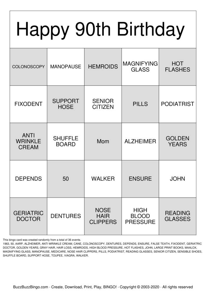 Download Free OVER THE HILL Bingo Cards