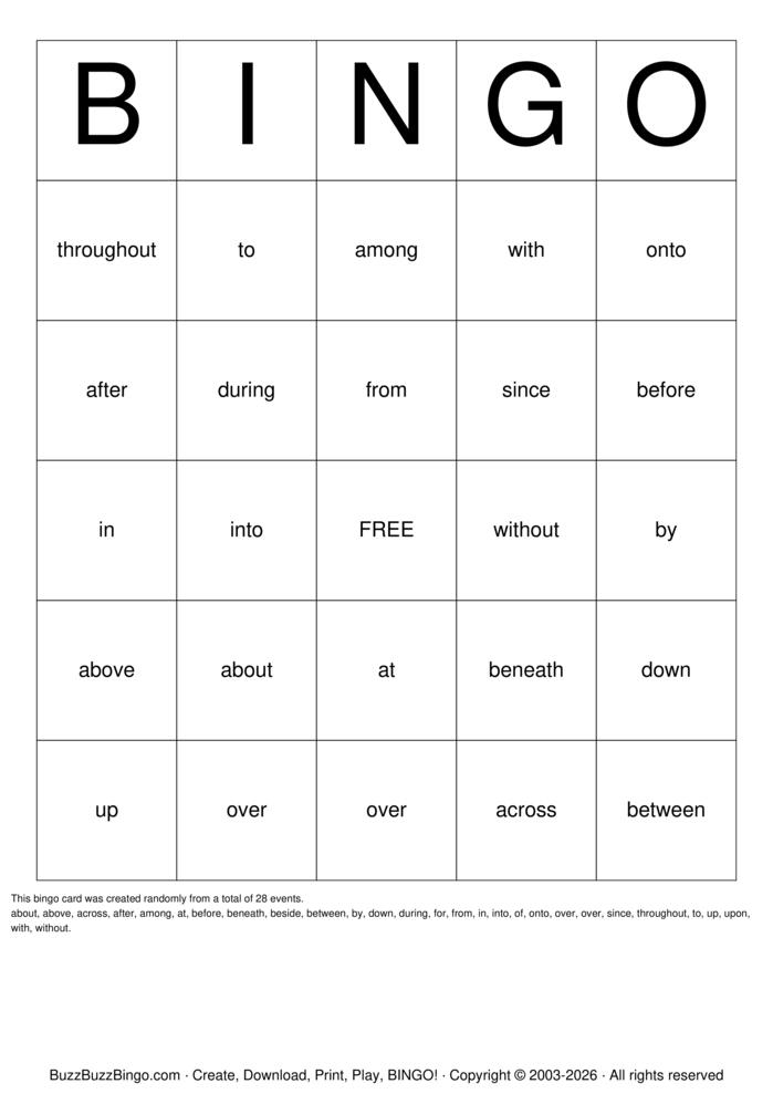 Download Free Prepositions Bingo Cards Download Free Prepositions Bingo Cards