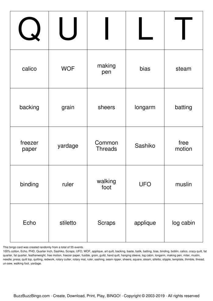 QUILT Bingo Cards to Download, Print and Customize!