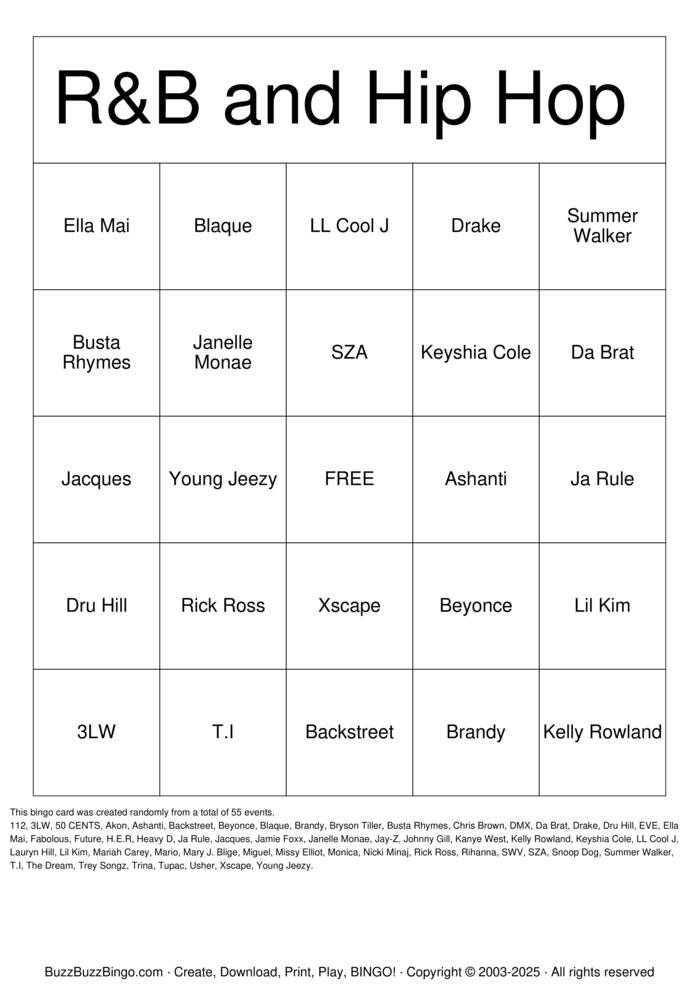Download Free R&B and Hiphop Bingo Cards