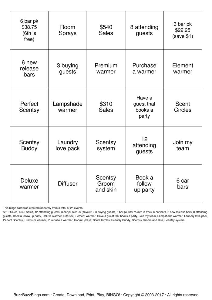 Scentsy Hostess Bingo Bingo Cards to Download, Print and Customize!