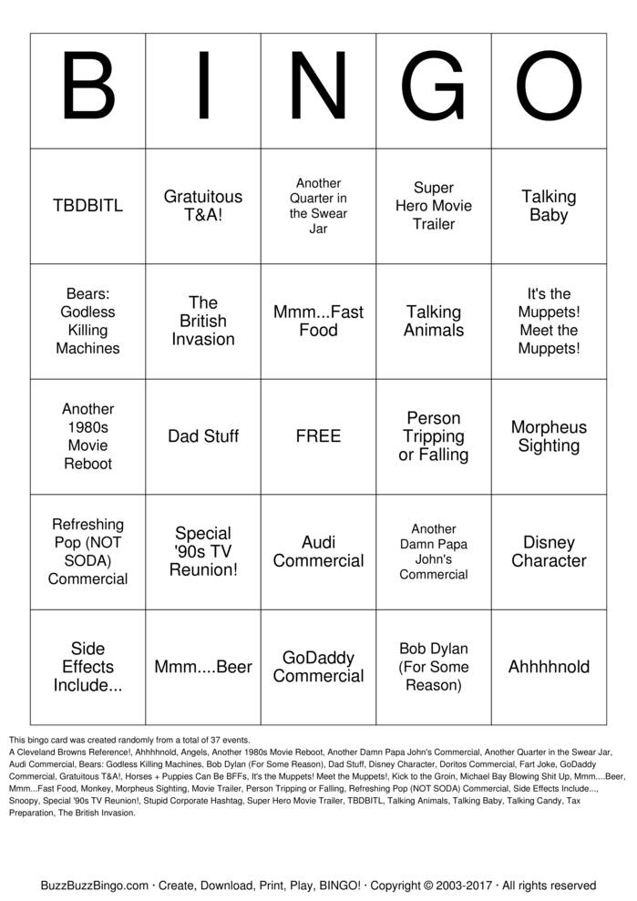 Superbowl Commercials Bingo Cards to Download, Print and Customize!