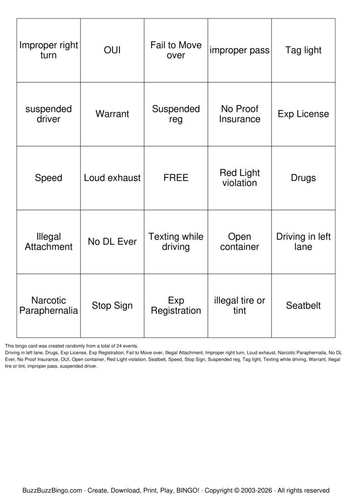 Download Free Traffic Stop Bingo Bingo Cards Download Free Traffic Stop Bingo Bingo Cards